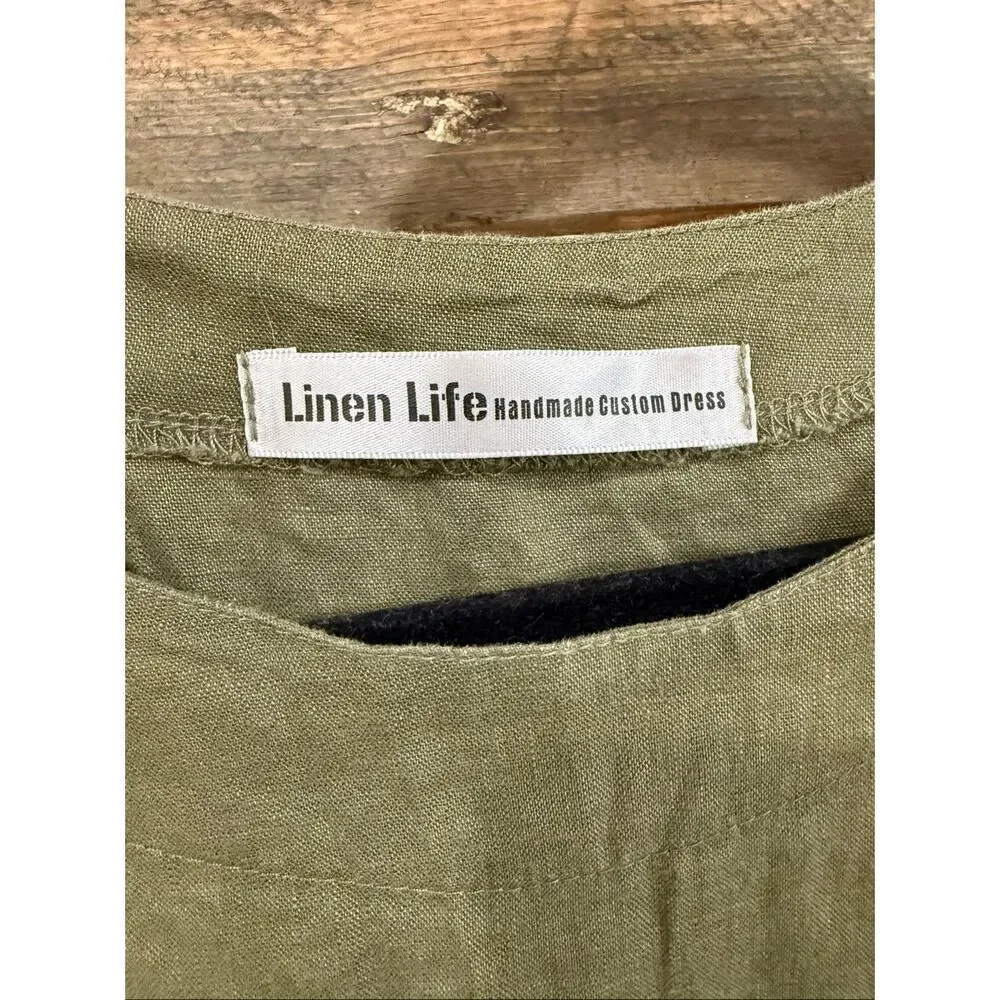 Linen Life green dress oversized boho lagenlook relaxed fit one size